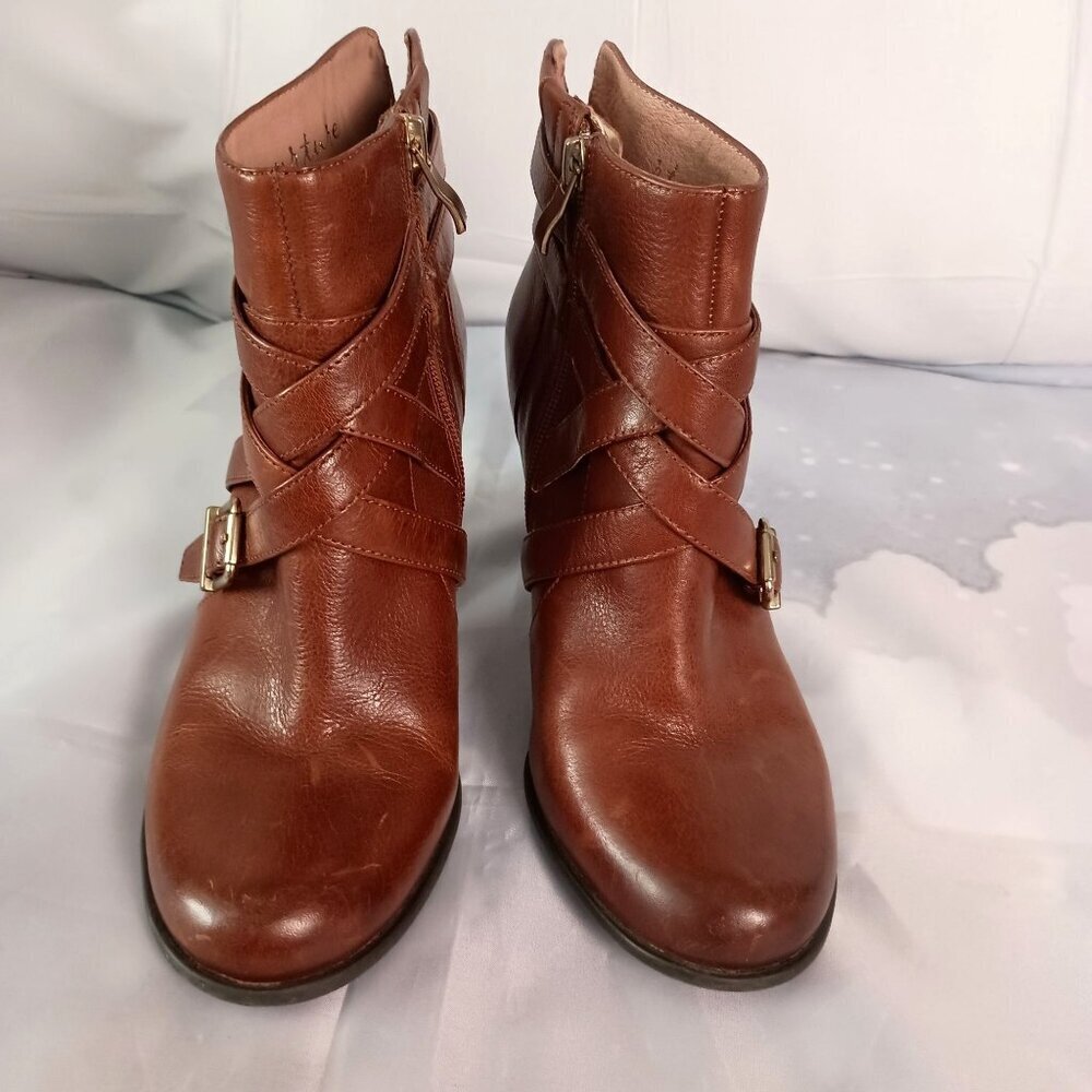 Nurture Jema Luggage Leather Ankle Boots Women’s 7.5 3" Heel Comfort - Picture 2 of 14